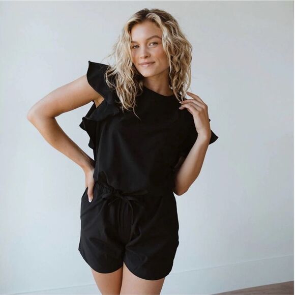 Albion Pants - Albion 9 to 9 Black Ruffle Flutter Sleeve Short Romper